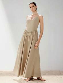 Aveloria Modichic Beige Faux Fishbone Waist Cinching Split Ruffle ...