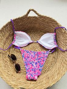 SHEIN Swim Mod 两件套女士沙滩装，时尚可爱，适合度假、游艇、泳池派对，霓虹花卉图案可调节挂脖比基尼上衣和性感比基尼下装 - 彩色 - 查看 2