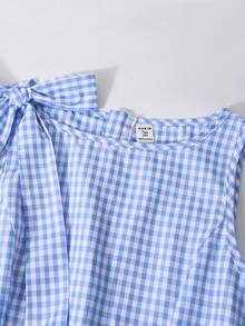SHEIN 少女蓝色格子连衣裙，蝴蝶结肩带装饰，优雅休闲 - 藍色 - 查看 9