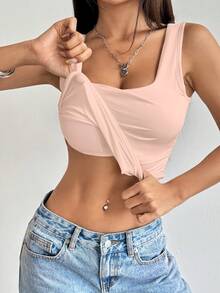SHEIN Unity Solid Color Square Neck Pleated Casual Slim Fit Backless Tank Top For Summer - Dusty Pink - View 5