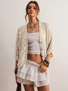 Freevana Cárdigan bohemio vintage de ganchillo hueco, de cuello en V marrón de 3/4 de manga, prenda exterior casual y suelta para primavera, elegante pieza de capa para primavera - Albaricoque - Ver 6