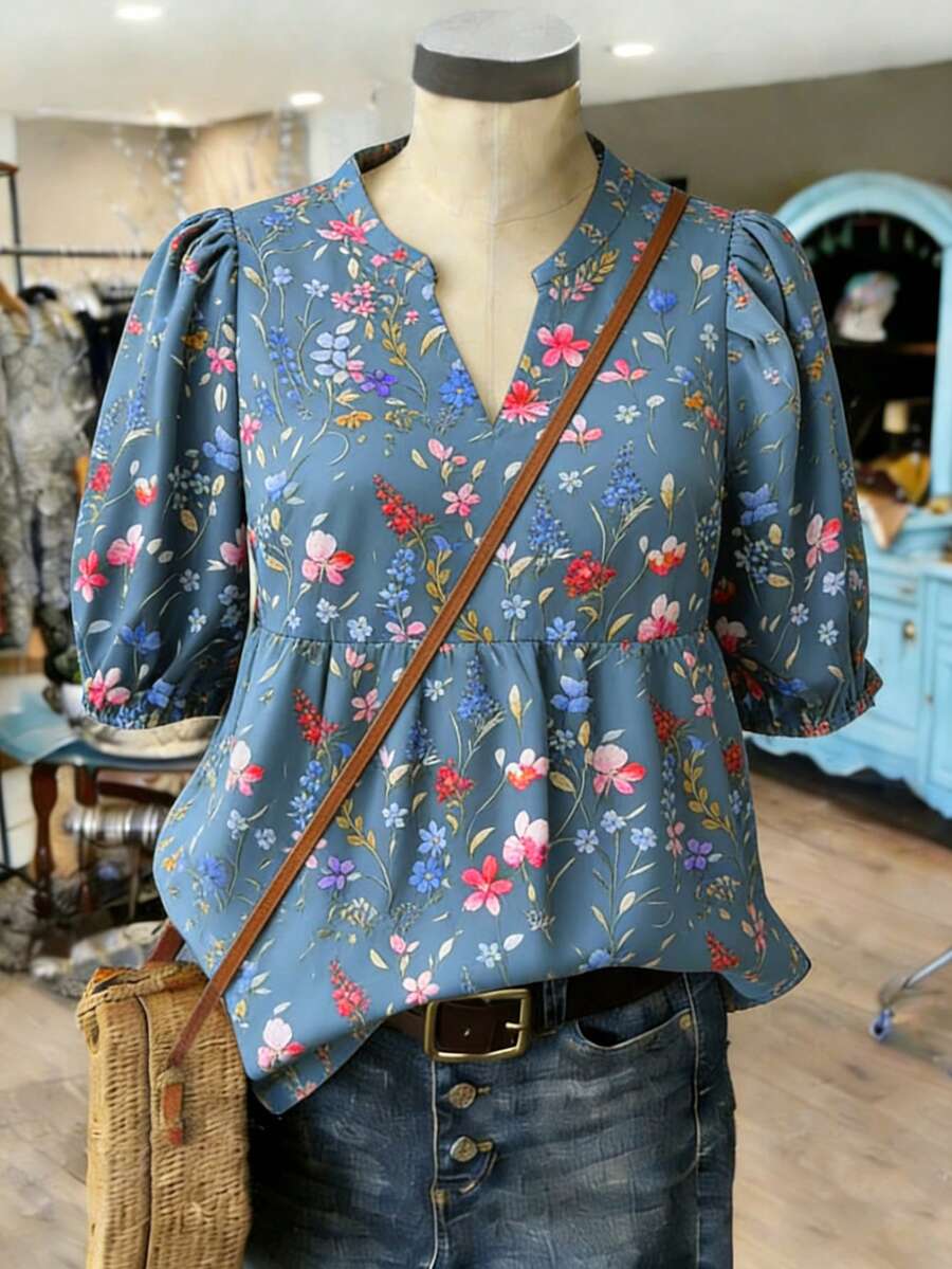 Linhara Plus Size Small Ditsy Floral Elegant Casual V-Neck 3/4 Sleeve Regular Blouse - Dusty Blue - View 1