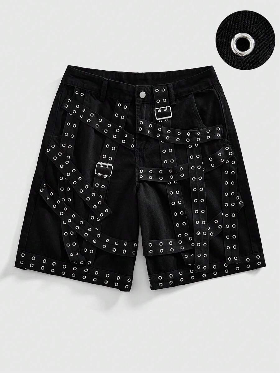ROMWE MEN Men's Summer Metal Grommet Webbing Denim Shorts - Black - View 1