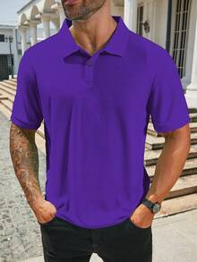 Manfinity Homme Kemeja Polo Lengan Pendek Pria Kasual untuk Sehari-hari & Perjalanan ke Kantor, Musim Panas - Purple - View 3