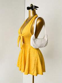 Mistrie Women's Solid Color Halter Tie-Up Backless Fashionable Date Mini Dress - Yellow - View 3