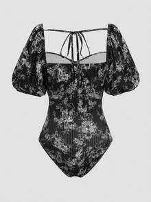 Sweetra Bodysuit Ukuran Plus dengan Kerah Bentuk Hati, Bagian Belakang Bergaris, dan Tali Bahu - MultiWarna - View 2
