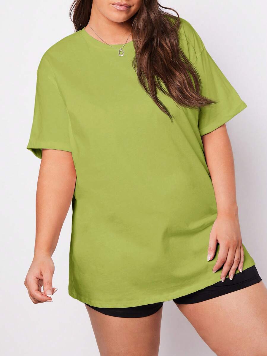 SHEIN BASICS 大码女式纯色圆领休闲百搭日常短袖T恤 - 綠色 - 查看 1