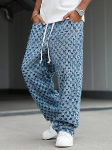 Manfinity EMRG Quần jeans cạp chun kẻ caro kiểu Mỹ với tua rua - Màu xanh lam - Xem 3