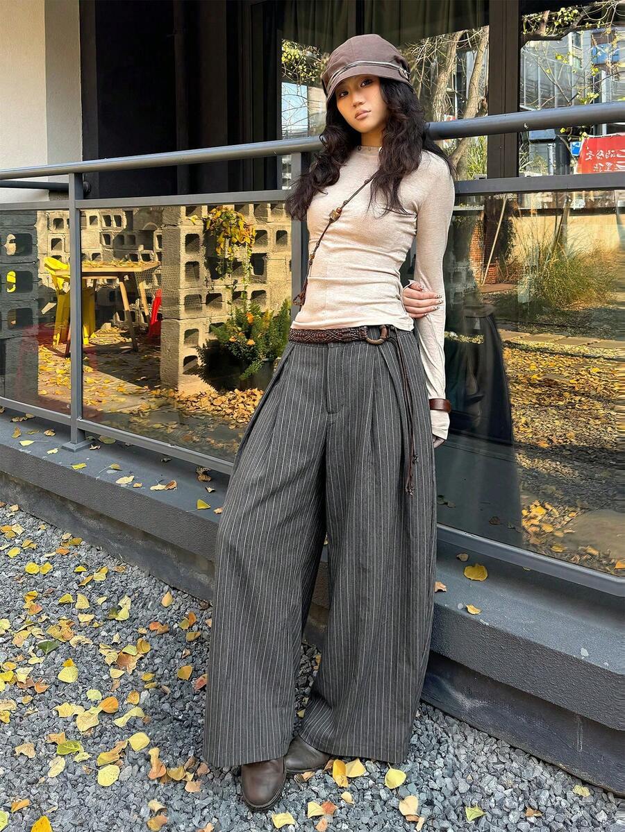 Coolane 女士夏季复古休闲嬉皮街头风宽松军绿色裤子 - 深灰色 - 查看 1