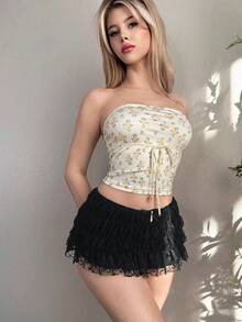 EgrlEra French Ballet Style Bow Tie Low Waist Lace Mini Skirt, Pleated A-Line Vintage Versatile Cake Skirt For Women - Black - View 5