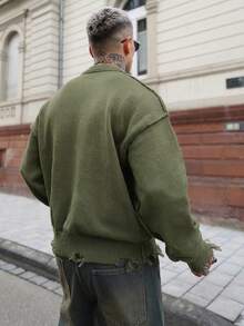 Artur Kramer ANDREILEE 秋冬男女通用街头风极简长袖圆领套头毛衣，宽松舒适针织上衣，饰有流苏和做旧细节 - 綠色 - 查看 2