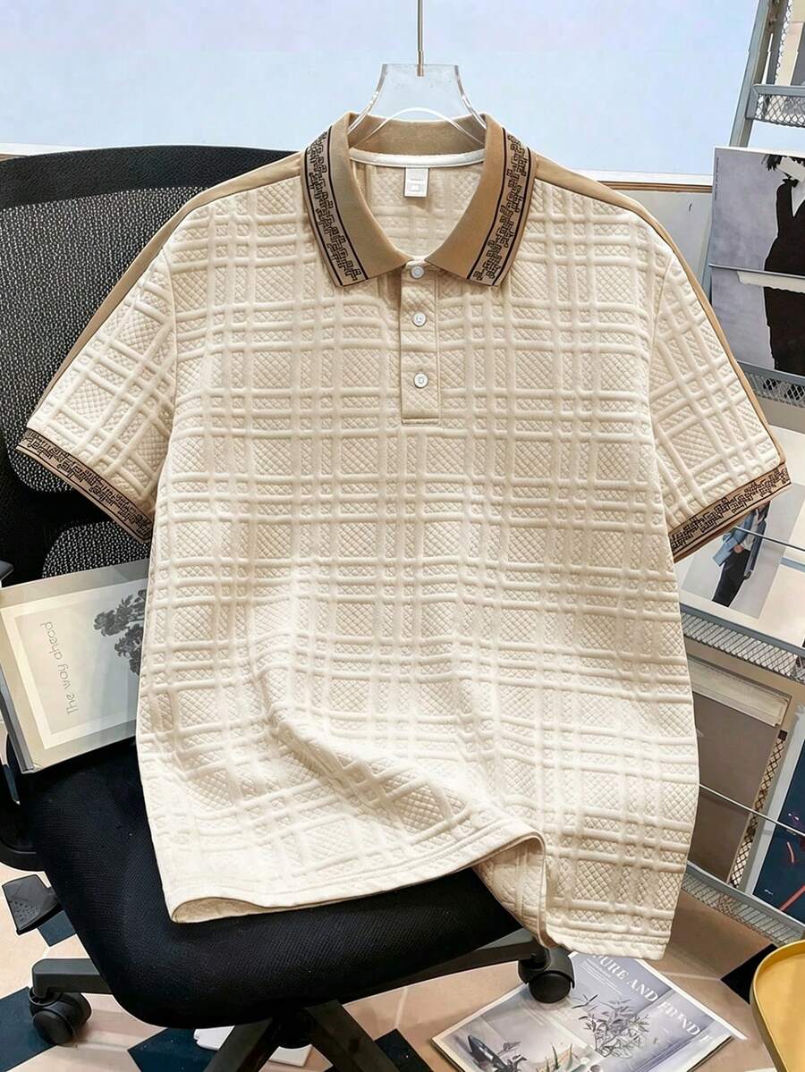 Daypath Men's Casual Vintage Textured Patchwork Ribbed Collar Polo Shirt, Summer - Apricot - View 1