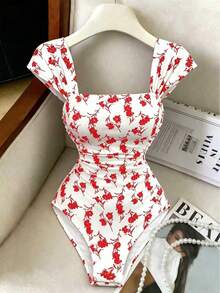 Elenzga Áo liền thân nữ cổ vuông tay ngắn họa tiết hoa, dáng chữ A, xếp ly eo, hàng mới về, thanh lịch cho hẹn hò, du lịch, giúp tôn dáng. - Đỏ - Xem 8