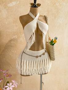 Soleia 度假性感吊带钩针流苏背心搭配低腰流苏裙两件套，适合音乐节、波西米亚风、假日、约会、下午茶等场合。 - 杏色 - 查看 3
