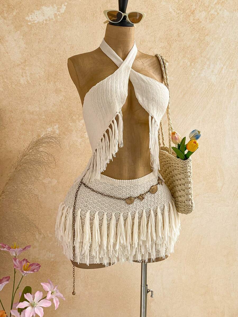 Soleia Off White Summer Boho Beach Vacation Holiday Spaghetti Strap Crochet Vest With Tassel Low Waist Skirt 2 Pieces Set For Music Festival,Bohemian - Apricot - View 1