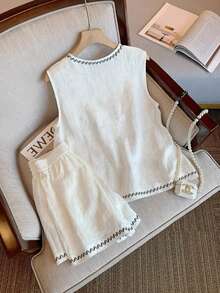 SHEIN Franclia Vacation Casual Contrast Trim Tank Top And Shorts 2 Pieces Set - White - View 2