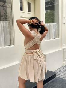 SHEIN Tall CURVE 夏季女士波西米亚风度假优雅吊带针织V领露背连体裙派对装 - 米色 - 查看 7