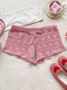 Comfortcana 女士纯色腰带镂空时尚短裤沙滩短裤粉色钩针短裤钩针蕾丝短裤女士钩针短裤 - 粉色 - 查看 4