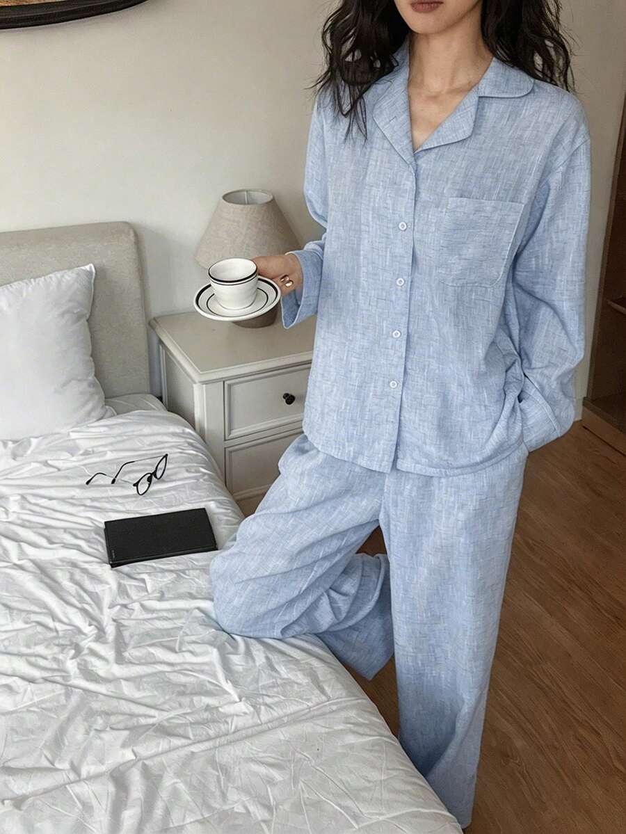 DAZY 两件套女士宽松舒适绉纱面料睡衣套装 - 淺藍色 - 查看 1