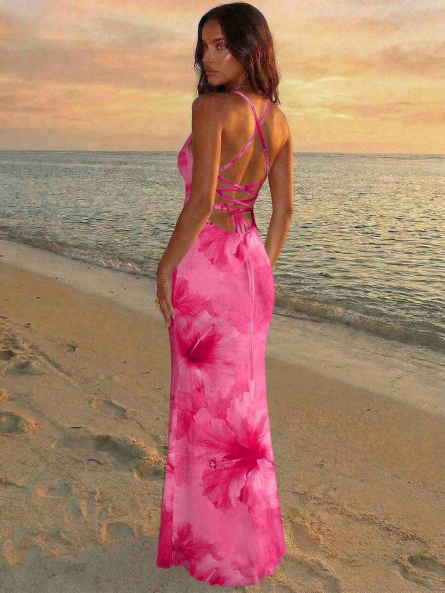 Aloruh Vestido de mujer elegante con estampado floral y espalda descubierta - Rosa - Ver 1