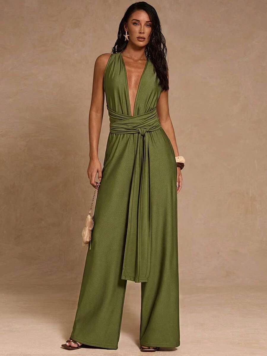 SHEIN Glamour 女士纯色深V领褶皱休闲连体裤 - 軍綠色 - 查看 1