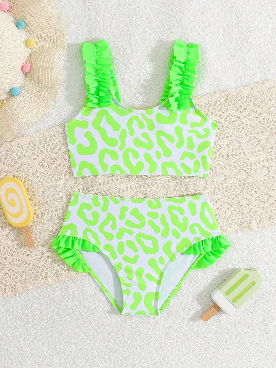 SHEIN 女童豹纹泳衣套装，荷叶边装饰，两件套 - 彩色 - 查看 1