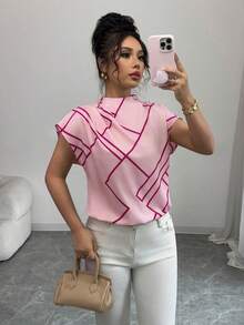 Elenzga Women's Spring/Summer Casual Elegant Mandarin Collar Asymmetric Geometric Digital Print Short Sleeve Blouse Blouse For Women Elegant Classy Pink Gingham Latest Tops For Women New Arrivals Elegant Top For Woman Pink Scarf Top Hot Pink Business Casual Women Tops Geometric Print Top Pink Blouse Women - Pink - View 4