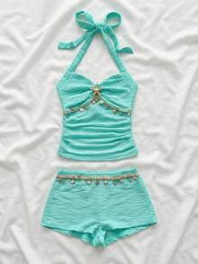 Soleia 女士纯色纹理露背吊带上衣和海星贝壳装饰短裤两件套，度假风，适合夏季海滩穿着 - 薄荷綠 - 查看 6