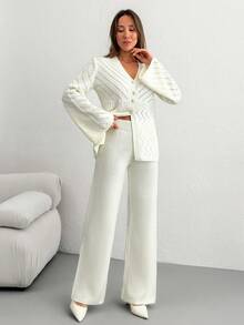 EURMUSE Casual V Neck Hollow Out Button Down Front Slit Cardigan & Wide Leg Solid Color High Waist Plain Pattern 2 Pieces Knit Set For Fall Winter - Apricot - View 5