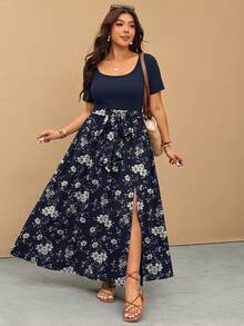 Elaquor Plus Size Summer Casual Patchwork Ditsy Floral Split Sleeve Dress, Women Loose Long Dress, Spring Dress Set, Spring Womenswear - Multicolor - View 3