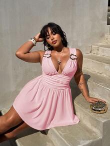 Rustia Plus Size Women Solid Color Metal Decor Ruched Fashionable Date Dress - Baby Pink - View 7