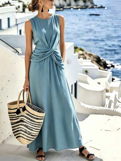 Breezaya Vestido midi de cintura retorcida sin mangas color azul niebla | Vestido midi elegante e intelectual para ir al trabajo | Vestido de longitud hasta el tobillo romántico para citas y eventos formales | Vestido midi casual y estilizador para salidas