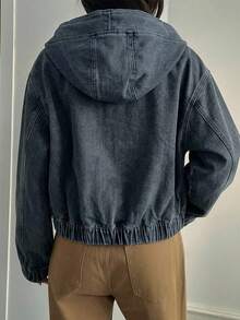 FRIFUL Women's Solid Color Casual Zip-Up Loose Long Sleeve Hooded Denim Jacket - Dusty Blue - View 7