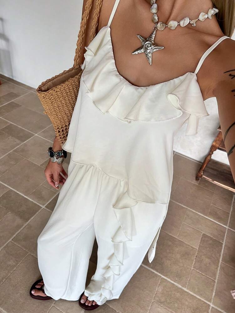 Women's Casual Vacation Style Camisole And Loose Straight Leg Pants 2 Pieces Set, Spring/Summer