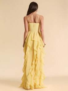 SHEIN BAE Đầm chữ A thanh lịch màu vàng chiffon với viền bèo nhún, đầm vàng, đầm đi nghỉ mát, đầm sinh nhật, đầm dự tiệc, đầm duyên dáng, đầm xuân/hè - Màu vàng - Xem 2