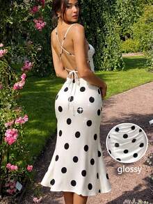 Cévolie Polka Dot Print Tie Backless Cami Dress - Apricot - View 2