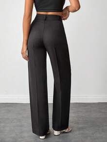 EURMUSE Petite Size Women Solid Color High Waist Straight Leg Pants For Everday Wear Business Pants High Waisted Pants Pants Wide Leg - Black - View 2