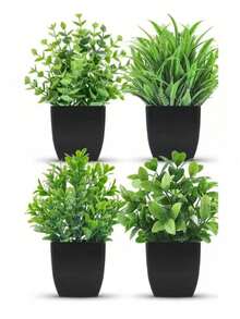 MEHELANY 4件套仿真绿色植物迷你盆栽套装，假花盆，塑料仿植物，黑色花盆，适用于家居、办公室、餐桌、农舍、浴室、庭院、礼品、花园、户外植物、园艺、人造花（1件随机） - 綠色 - 查看 2