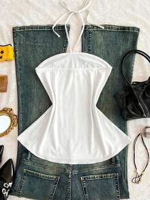 Camiseta de tirantes finos con estampado floral vintage, parches con cuentas y efecto desgastado, top bohemio de verano para mujer en color marrón - Blanco - Ver 3