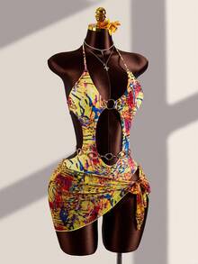 Zestiva Women's White Summer Casual Sexy Beach Golf Vacation Leopard Print Tropical Deep V Cut Out Swimsuit With Matching Skirt, Halter Chain Detail - Multicolor - View 4