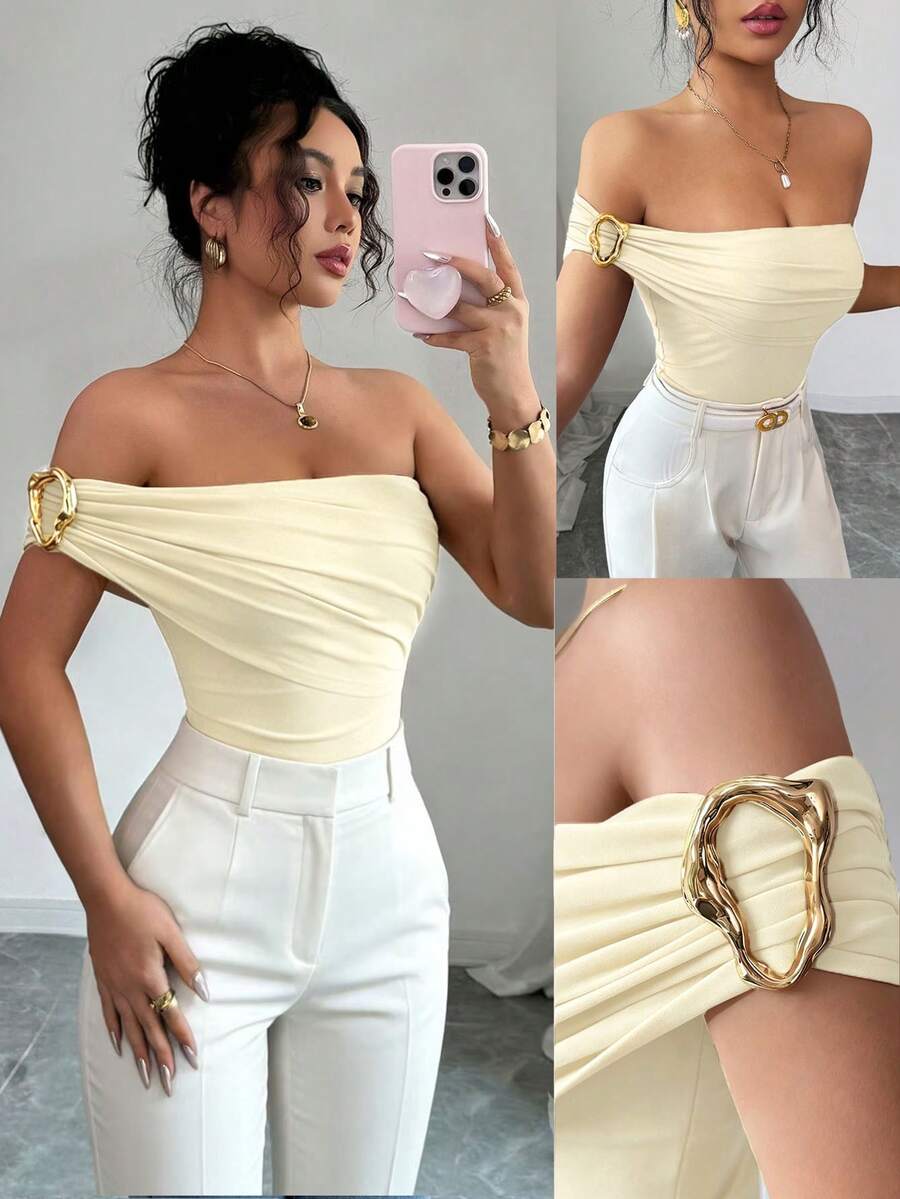 SHEIN Raffinéa 女士时尚纯色露肩不对称金属环吊带背心 - 杏色 - 查看 1