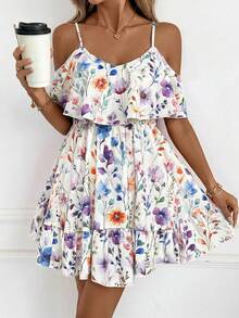 SHEIN Clasi 女士白色荷叶边V领露肩短袖优雅休闲连衣裙，迷你裙长，浪漫春夏款 - 彩色 - 查看 8