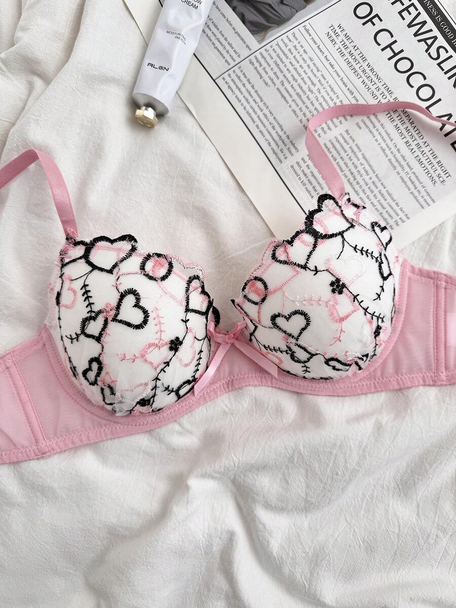 Women's Heart Embroidery Mesh Patchwork Bra - Pink - View 1
