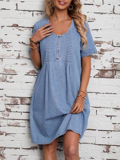 EMERY ROSE Đầm denim tay ngắn cổ tròn màu trơn cỡ lớn, kiểu dáng thường ngày, thích hợp mặc hàng ngày.