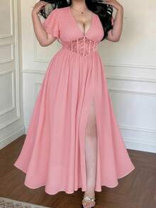 Vibekara Vestido negro de mujer con cintura ceñida y parches de encaje, de moda para el verano - Rosa - Ver 3