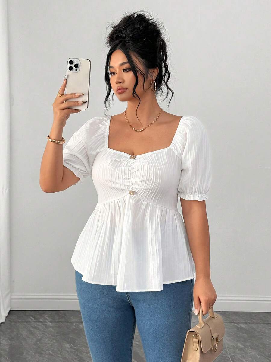 Elenzga Đầm nữ cỡ lớn thời trang và thanh lịch cổ tim tay ngắn cho kỳ nghỉ hè - trắng - Xem 1