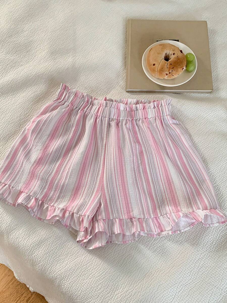 DAZY 女士条纹可爱荷叶边睡衣短裤 - 粉色 - 查看 1