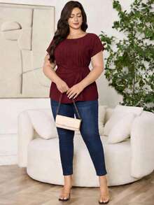 Reflora Casual Minimalist Maroon Plus Size Shirt, Suitable For Summer - Burgundy - View 5
