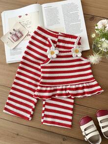 SHEIN 女婴夏季休闲无袖上衣和裤子套装（2件套），可爱花卉装饰背心搭配同款长裤，适合户外活动和日常穿着。 - 紅色 - 查看 3