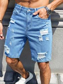 Manfinity Homme Pantalones cortos vaqueros azules rectos y rotos de estilo casual para hombre, moda callejera para primavera/verano - Azul lavado medio - Ver 4
